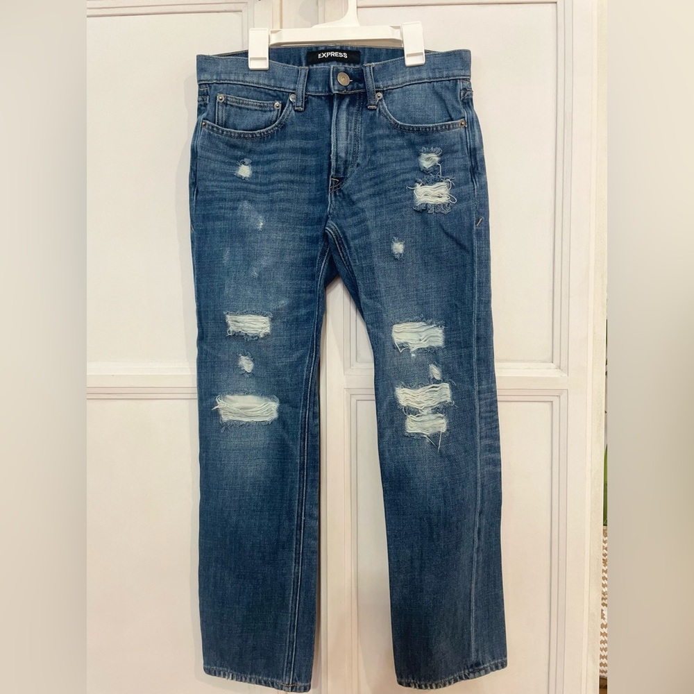 Express Jeans Mens‎ 30x30 Slim Straight Distressed Ripped Blue Soft Cotton Denim